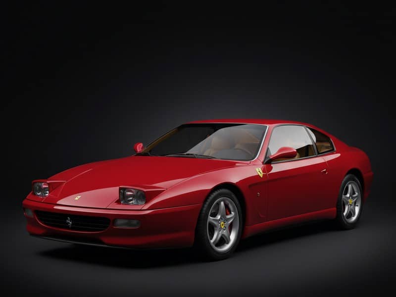 Custom-fit leather floor mat installed in Ferrari 456 interior showing perfect OEM fitment