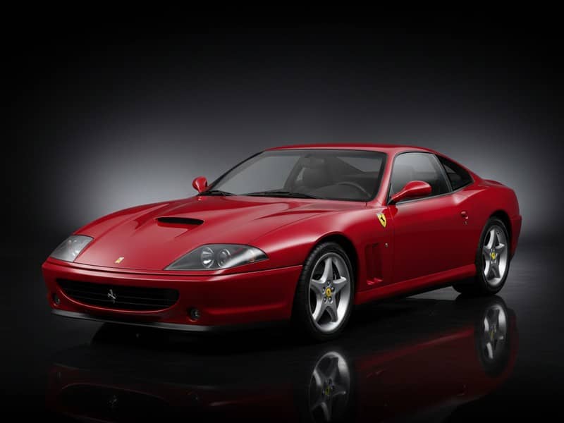 Custom-fit leather floor mat installed in Ferrari 550 Maranello interior showing perfect OEM fitment