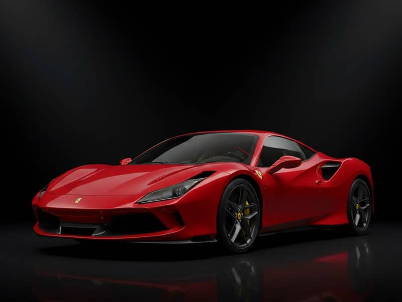 Custom-fit leather floor mat installed in Ferrari F8 Tributo interior showing perfect OEM fitment