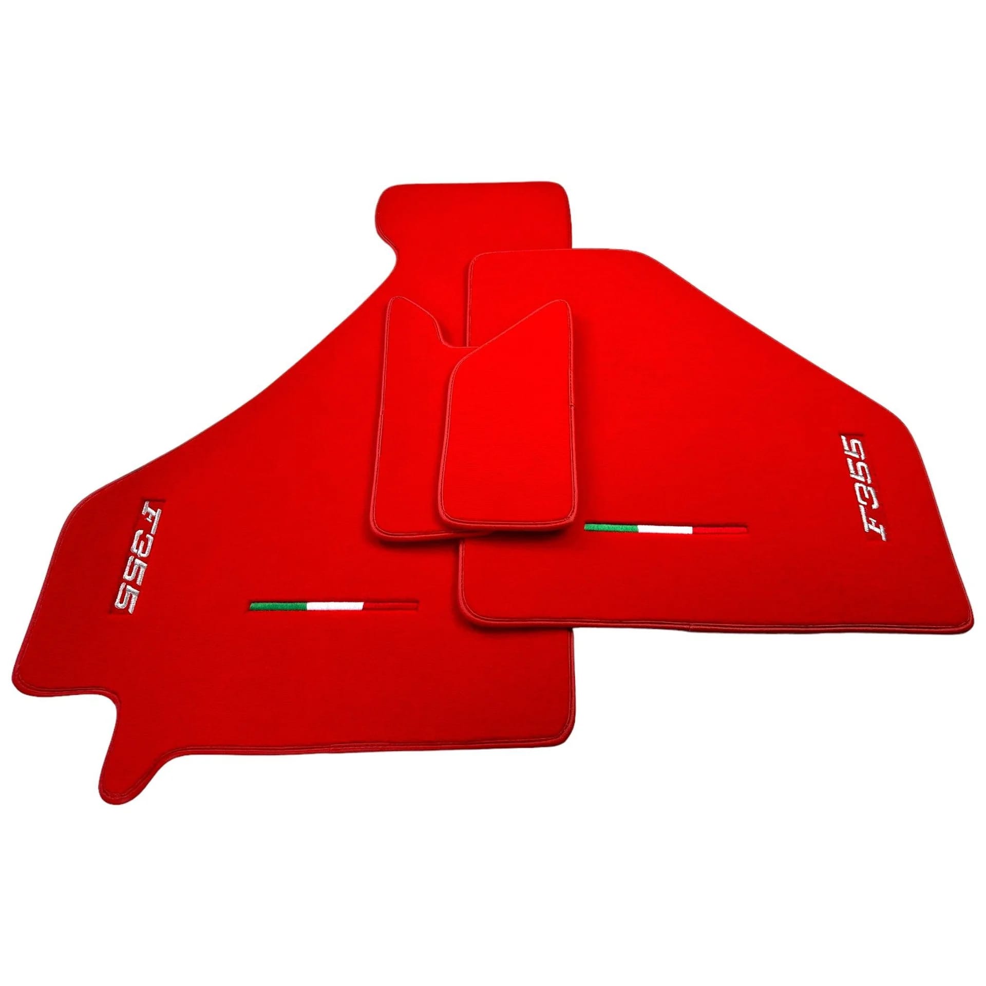 Ferrari F355 custom fit floor mats, premium quality material, precise fitment, vibrant red color with logo.