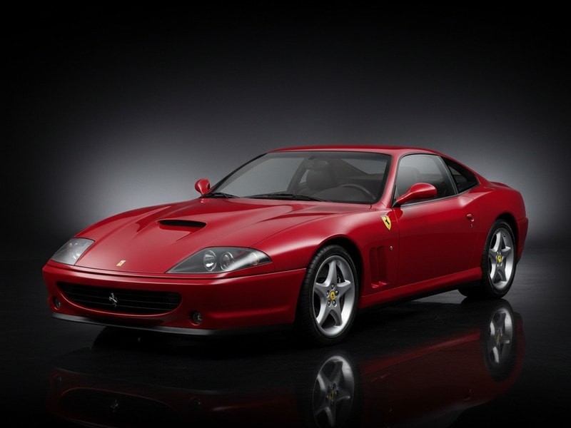 Custom-fit leather floor mat installed in Ferrari 550 Maranello interior showing perfect OEM fitment