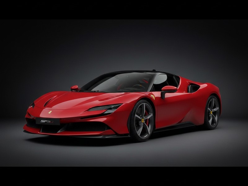 Custom-fit leather floor mat installed in Ferrari SF90 Stradale interior showing perfect OEM fitment