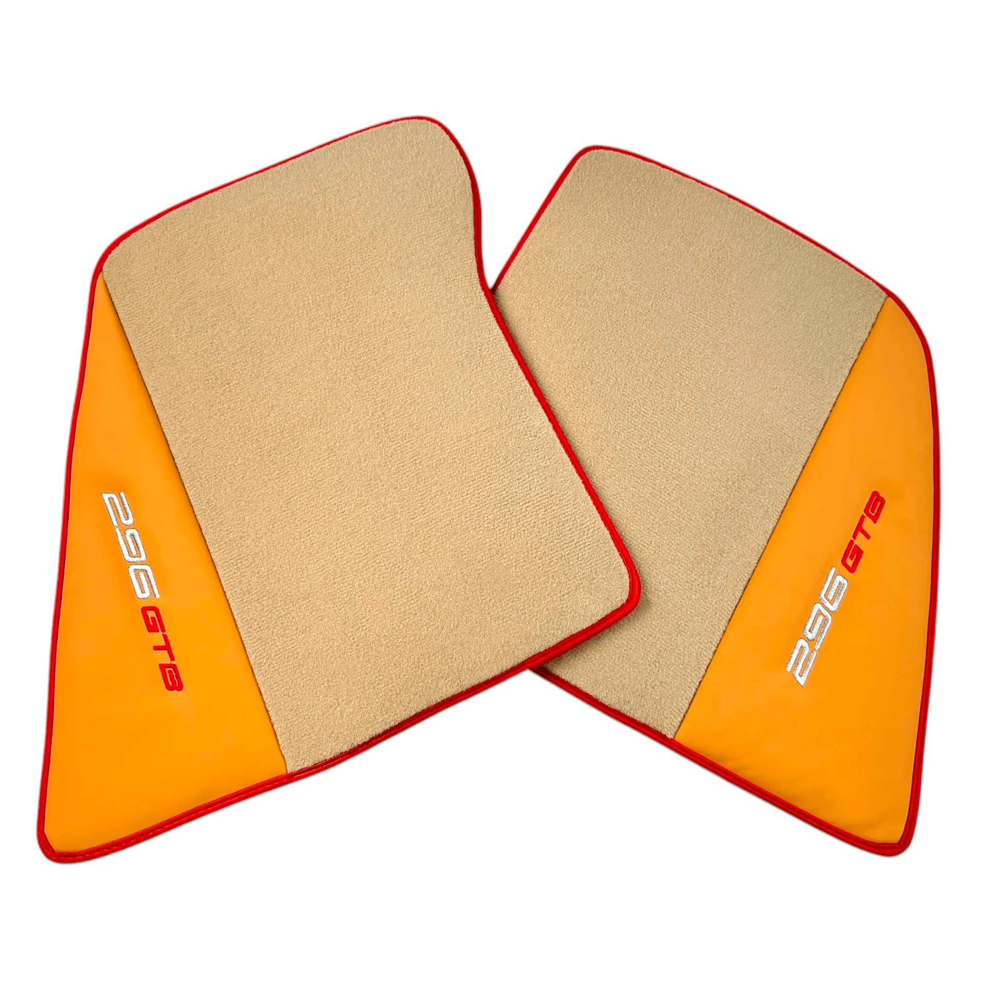 Ferrari 296 GTB custom fit floor mats, premium quality with precise fitment, featuring vibrant orange and red accents.