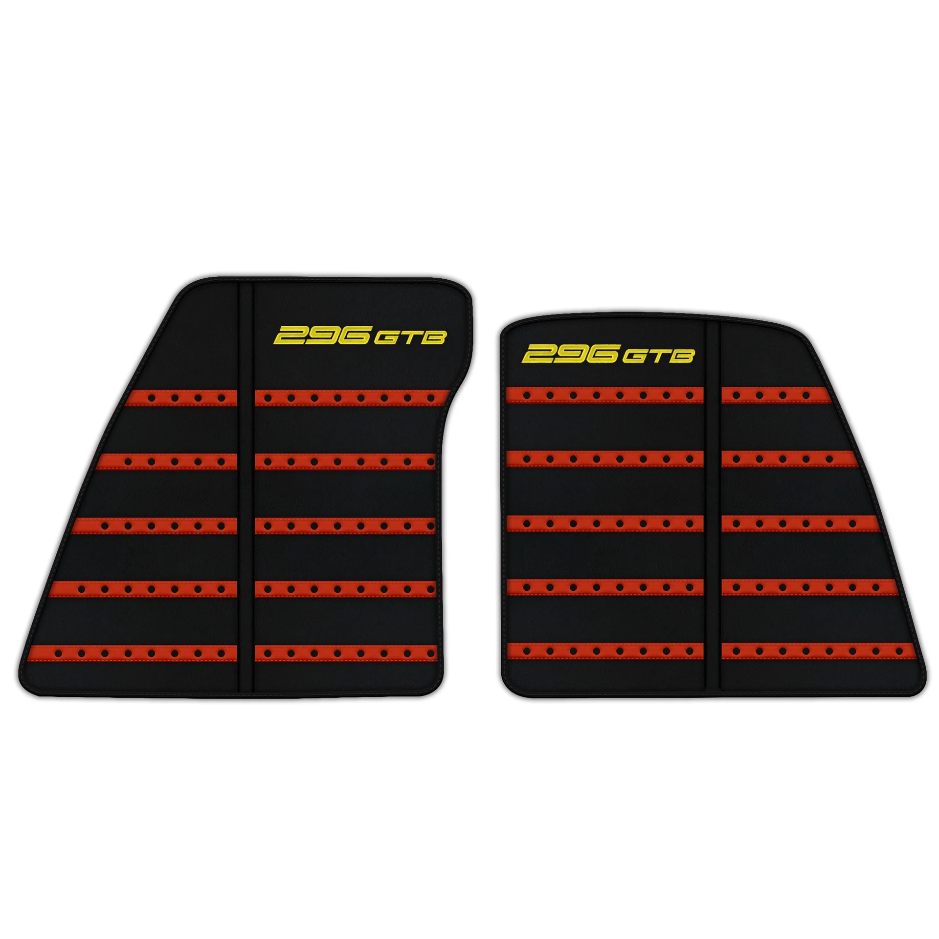 Ferrari 296 GTB floor mats, custom fit, premium quality with precise fitment, featuring red and black design.