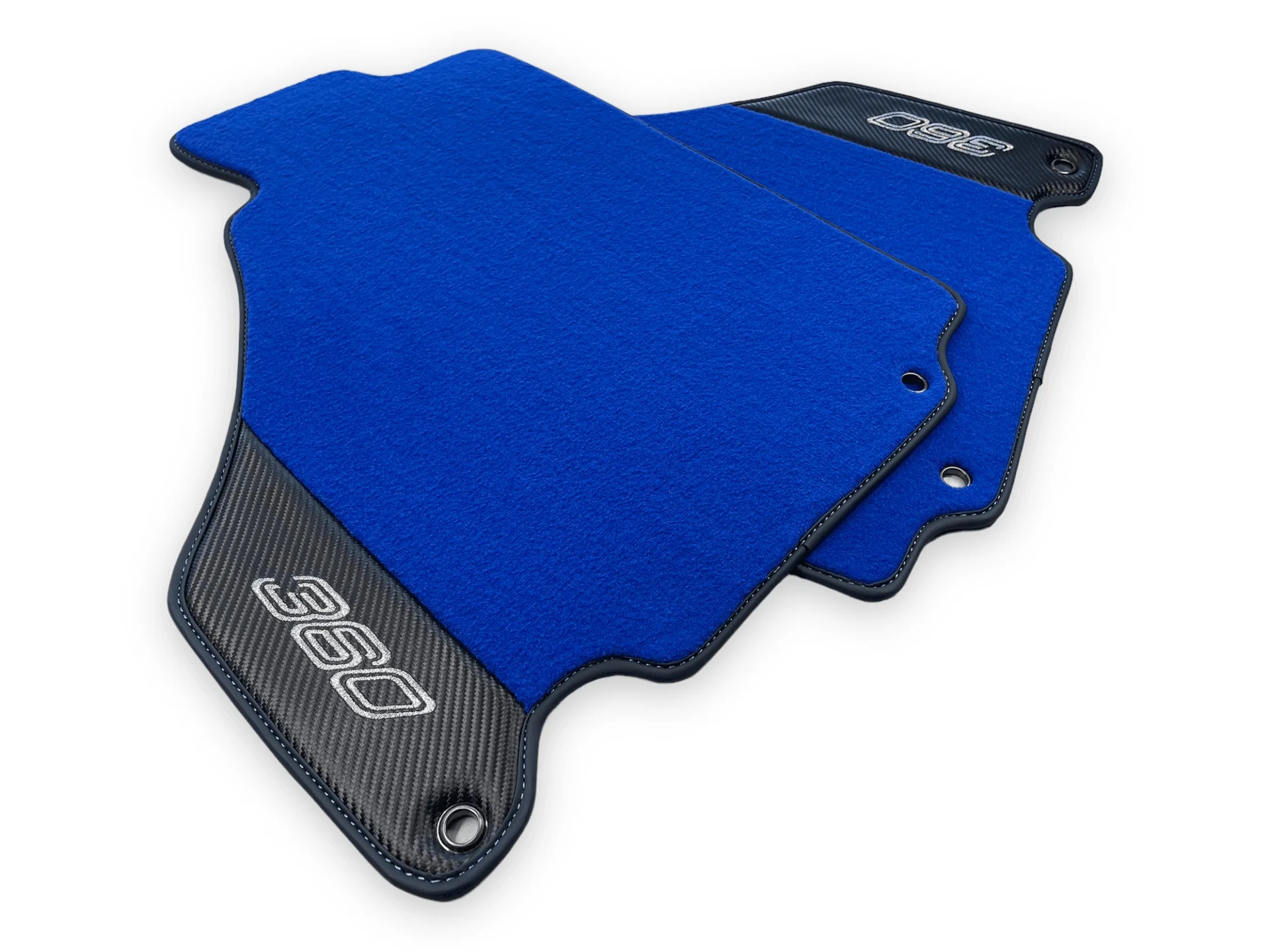 Custom fit Ferrari 360 floor mats, premium quality with precise fitment, featuring vibrant blue color and durable design.