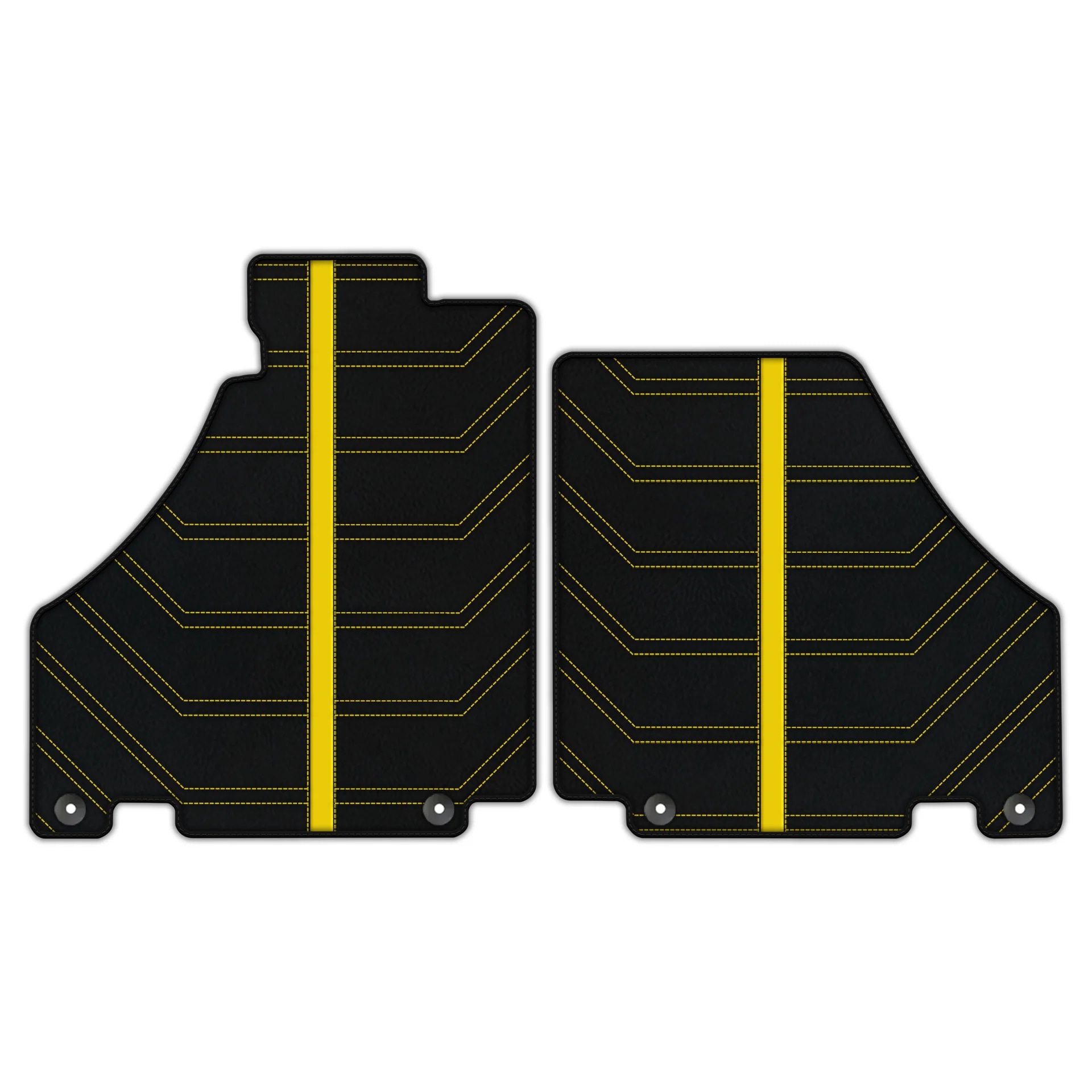 "Ferrari 360 custom fit floor mats, premium quality material, precise fitment, sleek black with yellow stitching."