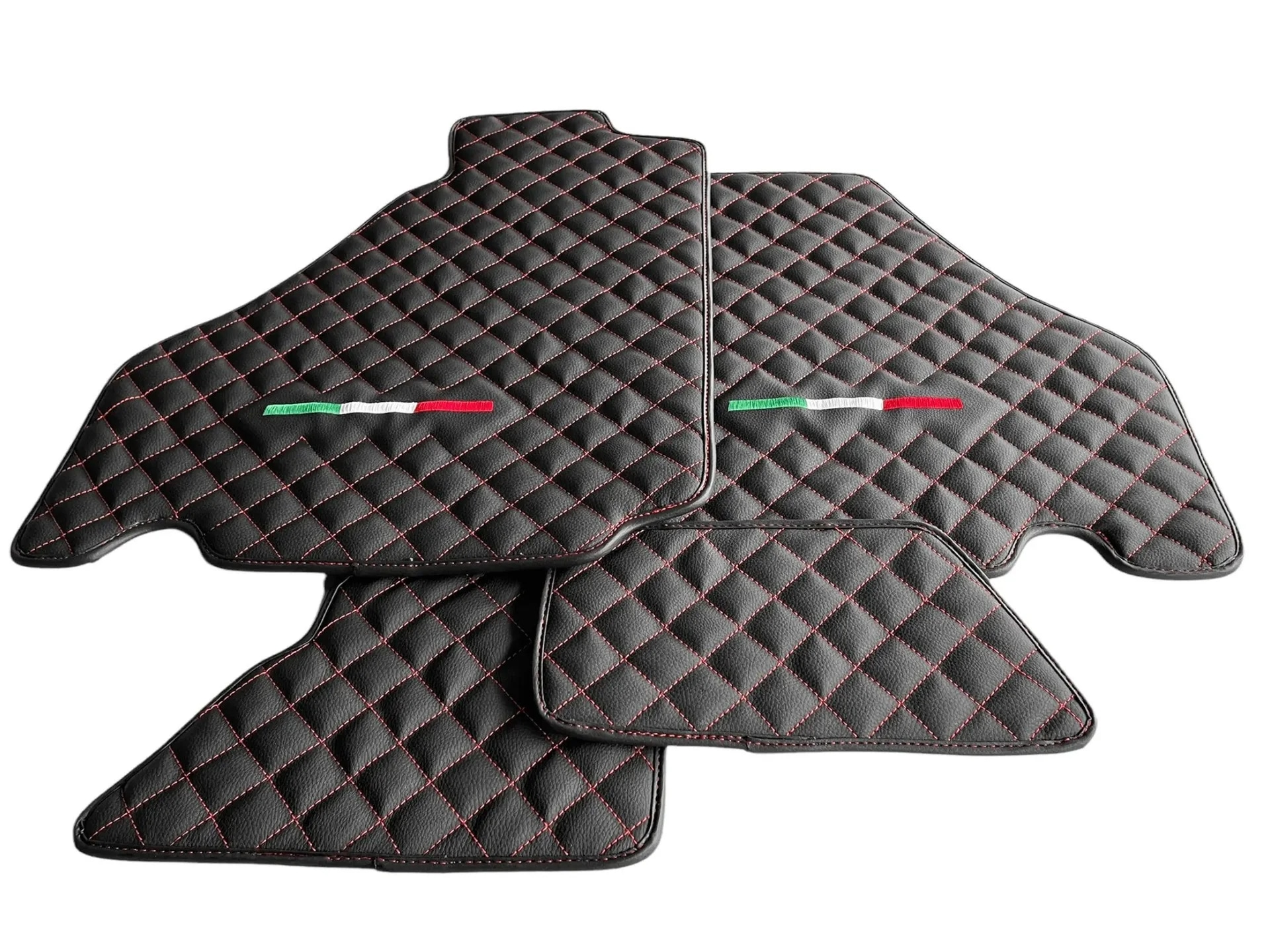 Ferrari 360 custom fit floor mats, premium quality with precise fitment, featuring quilted design and red stitching.