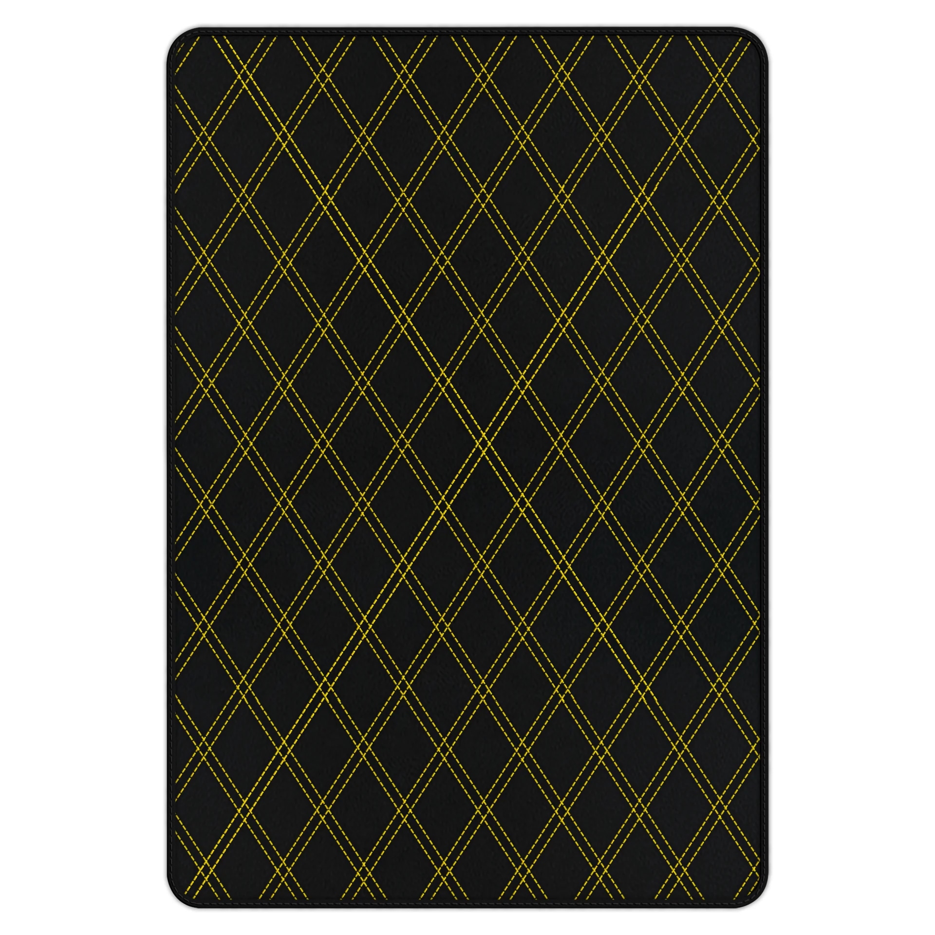 Custom fit Ferrari 458 floor mat, premium quality with precise fitment, featuring a stylish black and yellow diamond pattern.