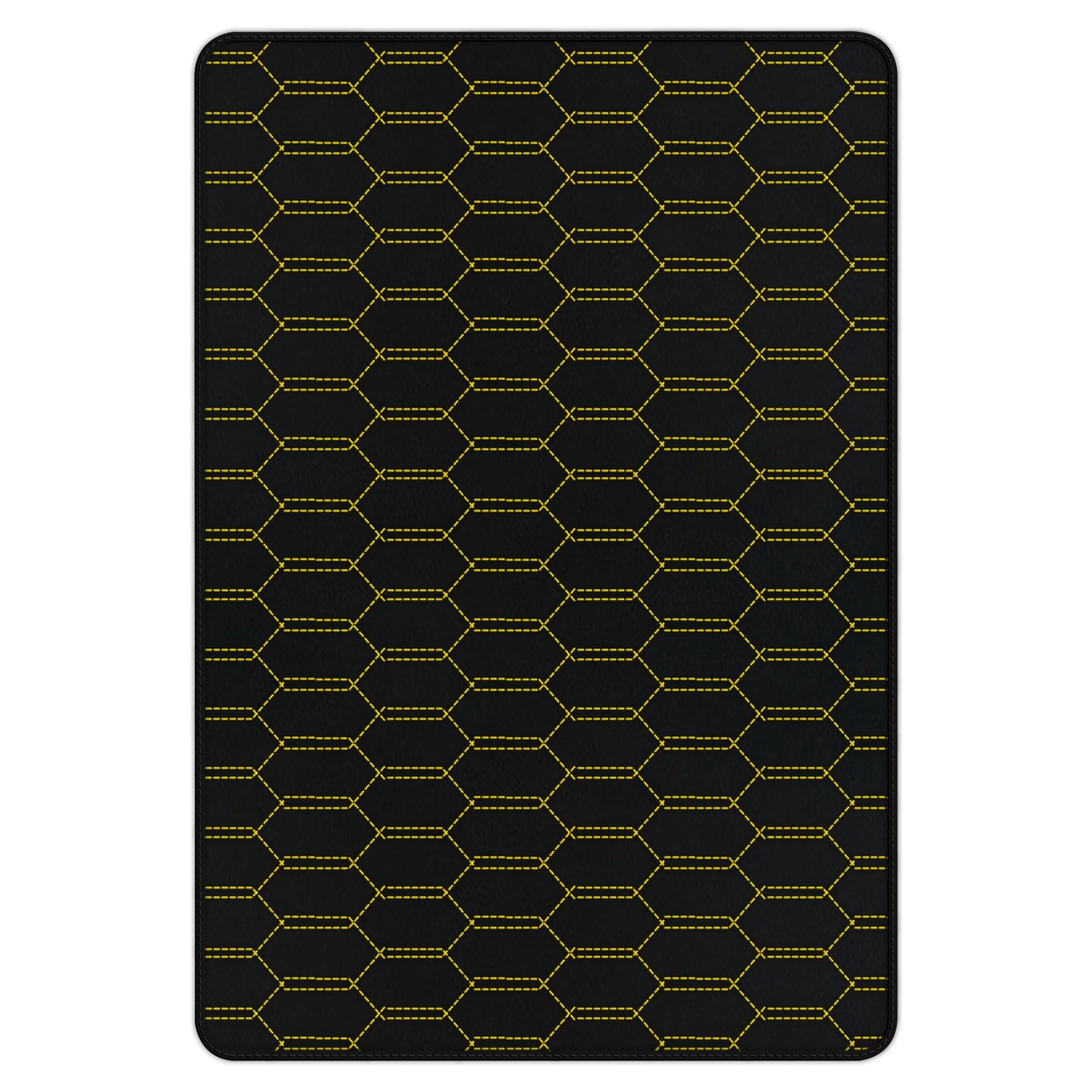 Custom fit Ferrari 458 floor mat, premium quality with precise fitment, featuring stylish hexagonal design and yellow stitchi