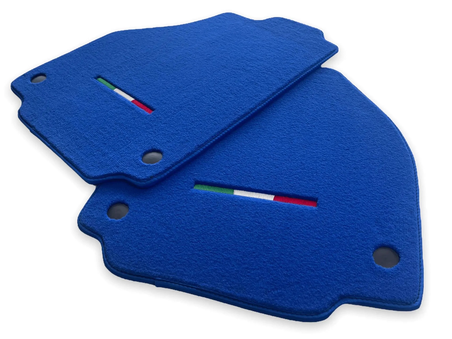 Custom fit Ferrari 458 floor mats, premium quality material, precise fitment, vibrant blue with Italian flag detail.