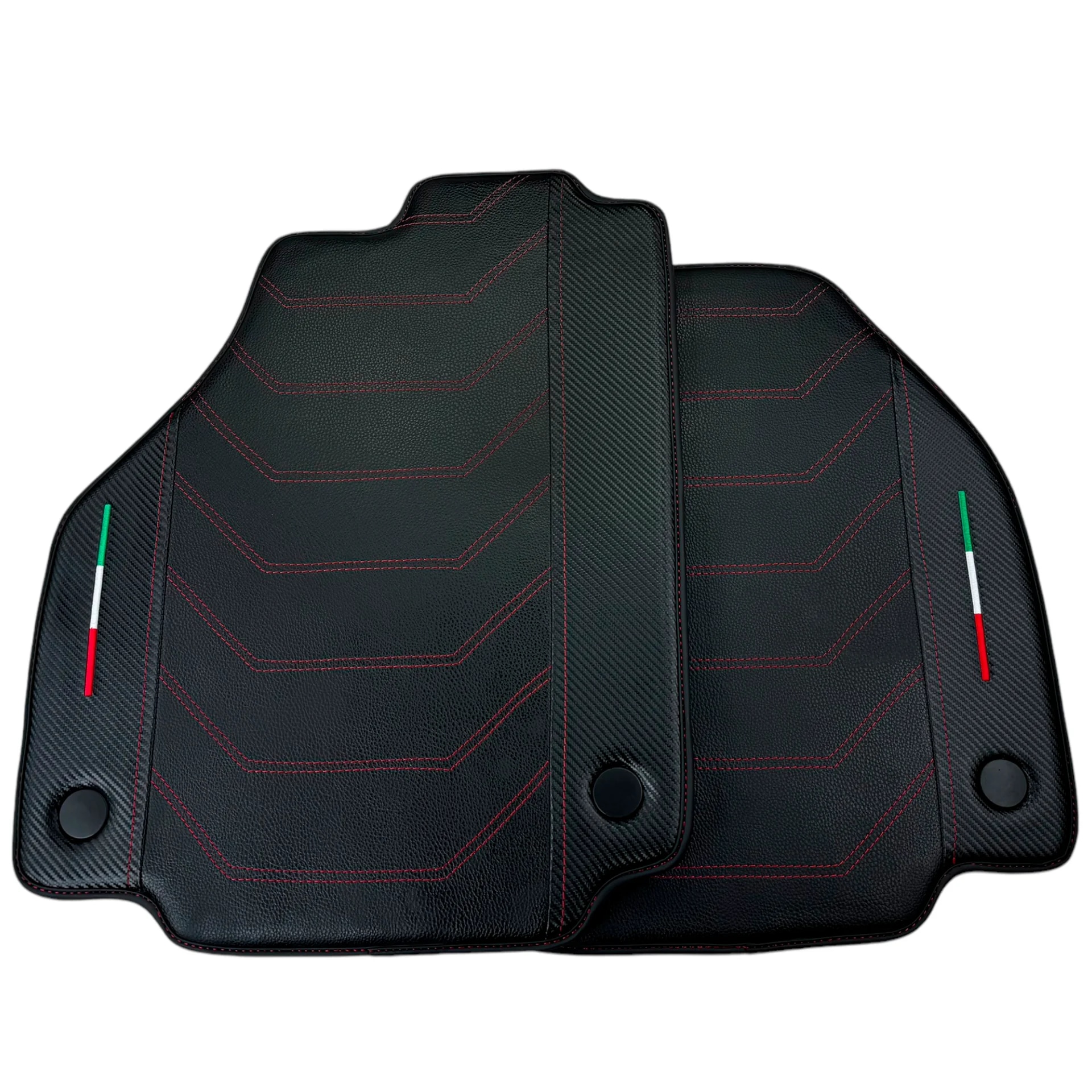Custom fit Ferrari 458 floor mats, premium quality material, precise fitment, featuring stylish red stitching and Italian fla