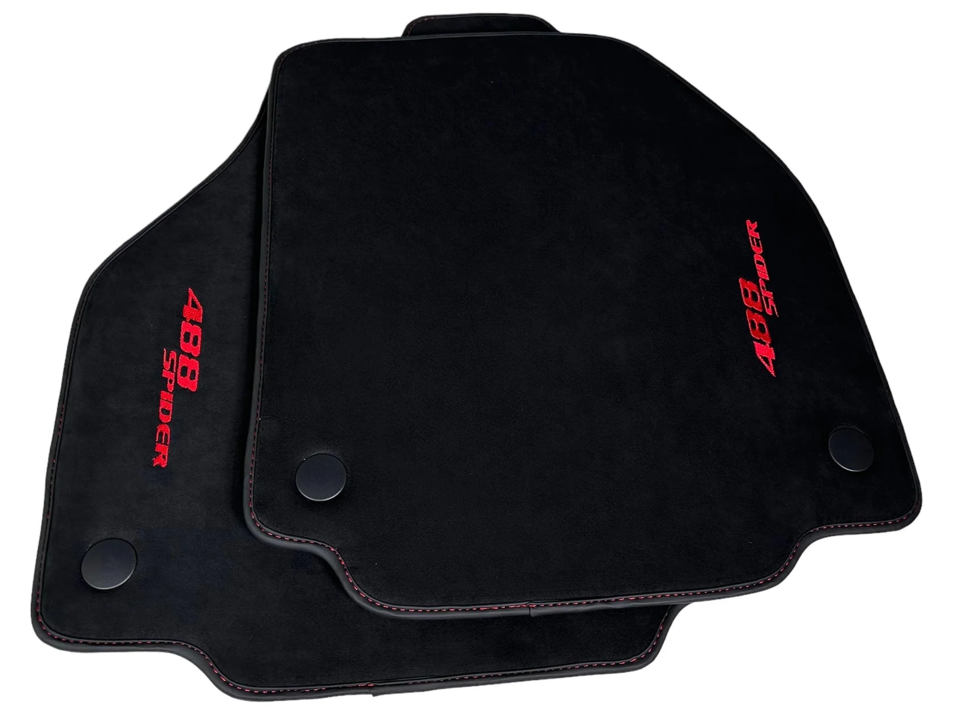Custom fit Ferrari 488 floor mats, premium quality material, precise fitment, featuring stylish red embroidery.