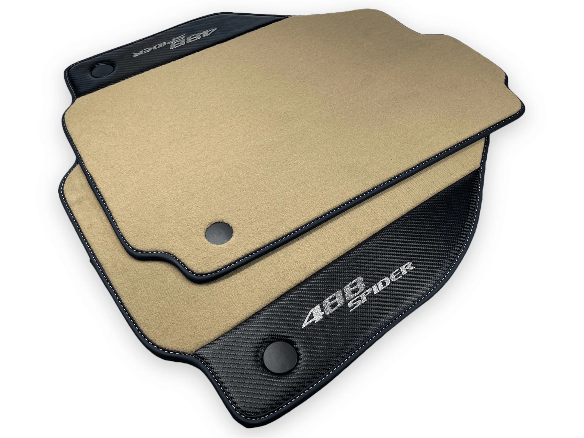 Custom-fit Ferrari 488 Spider floor mats, premium quality with precise fitment, featuring a stylish carbon fiber design.