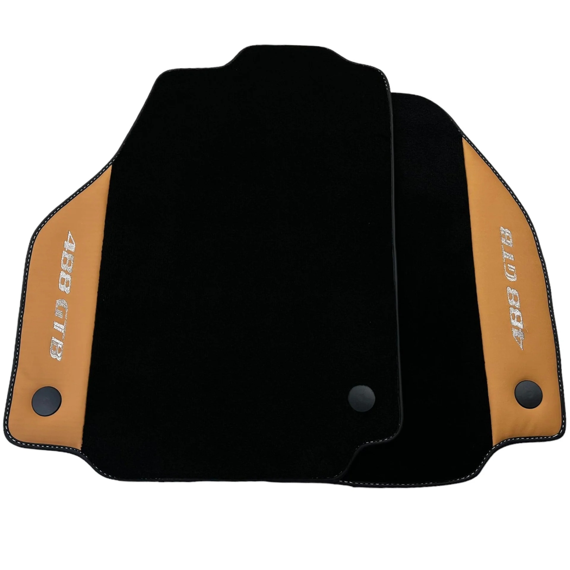 Ferrari 488 custom fit floor mats, premium quality, precise fitment, featuring elegant black and tan design.