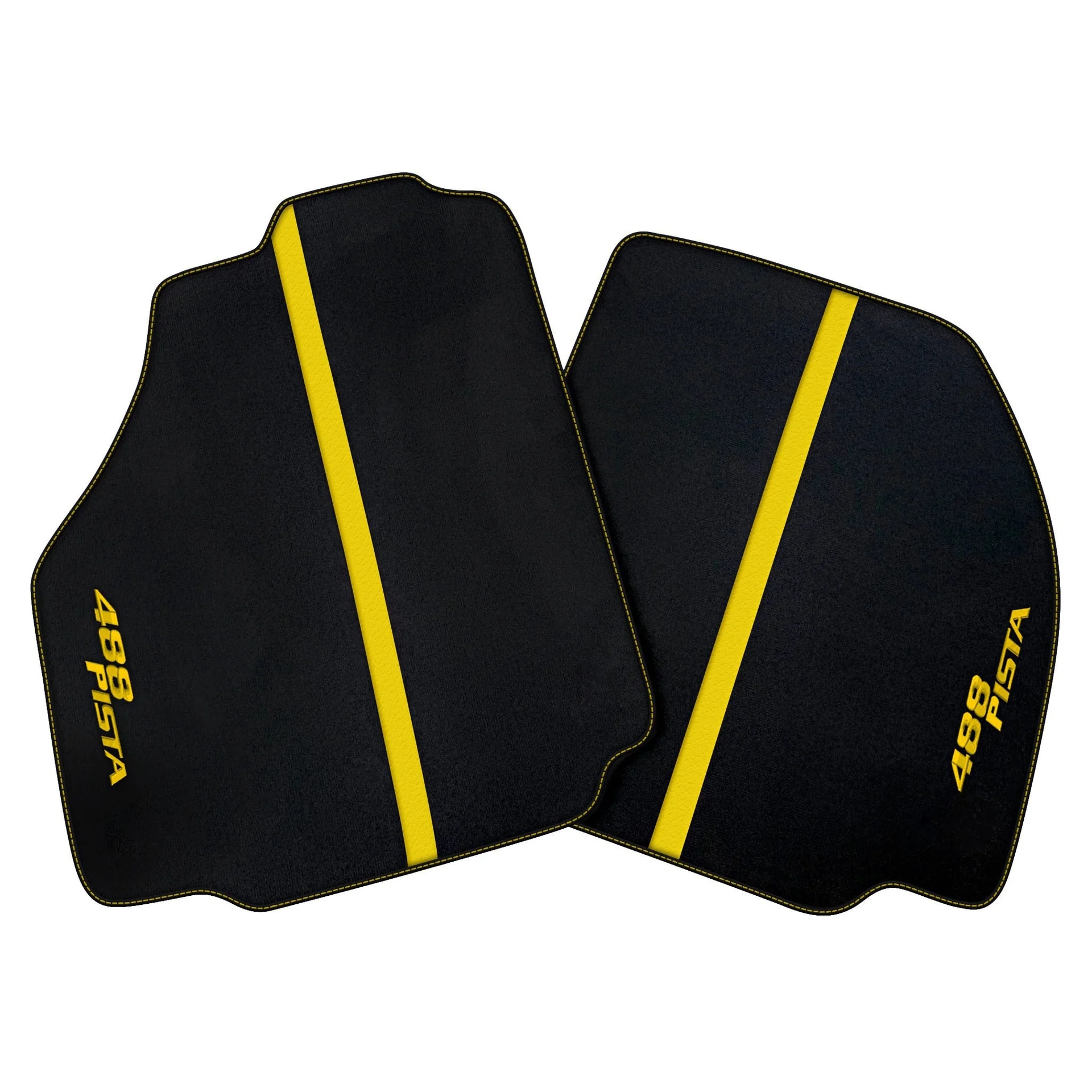 Premium Ferrari 488 floor mats, custom fit design, features precise fitment, black with yellow accents, top quality material.