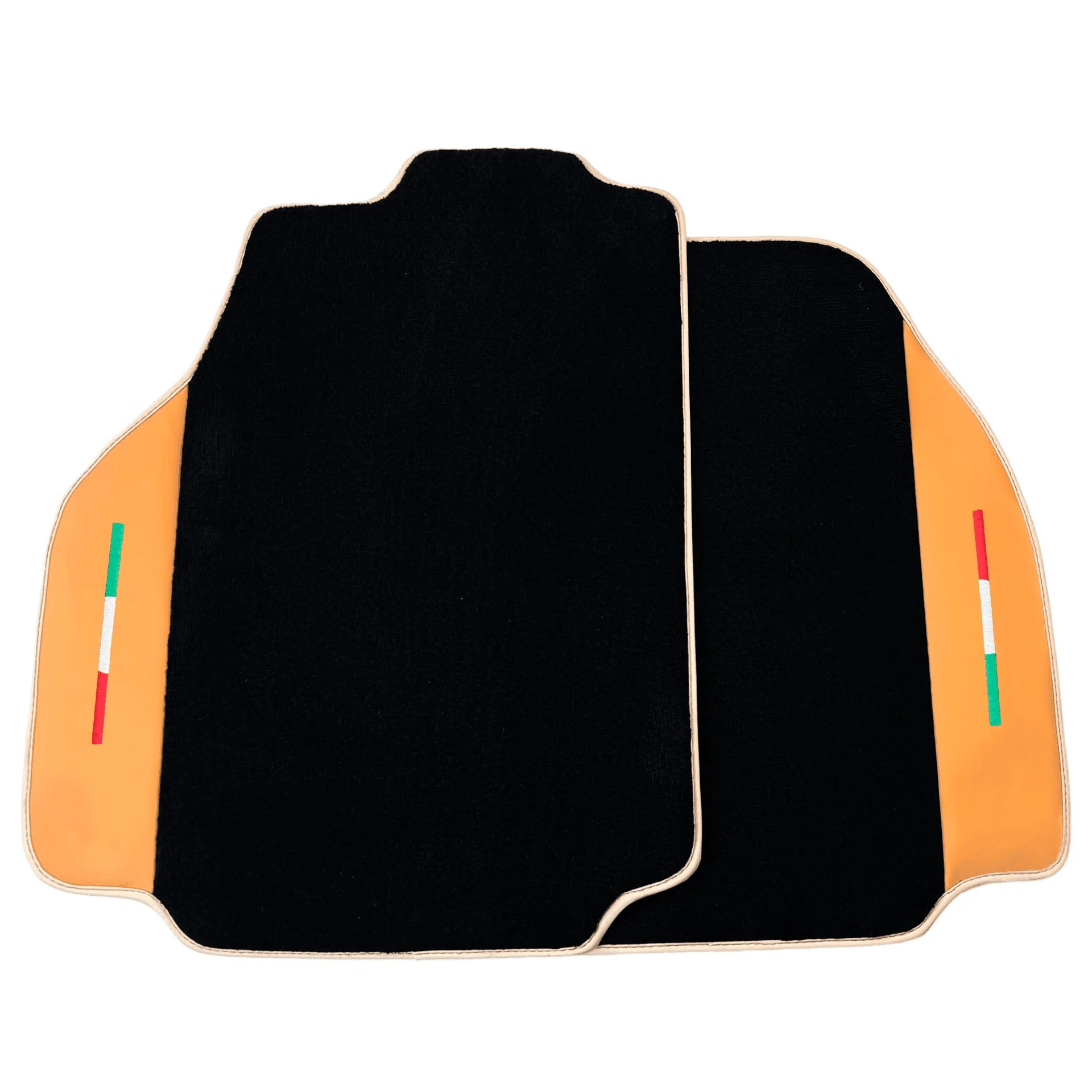 Tapis de sol sur mesure Ferrari 488, qualité premium, ajustement précis, design élégant noir et orange.