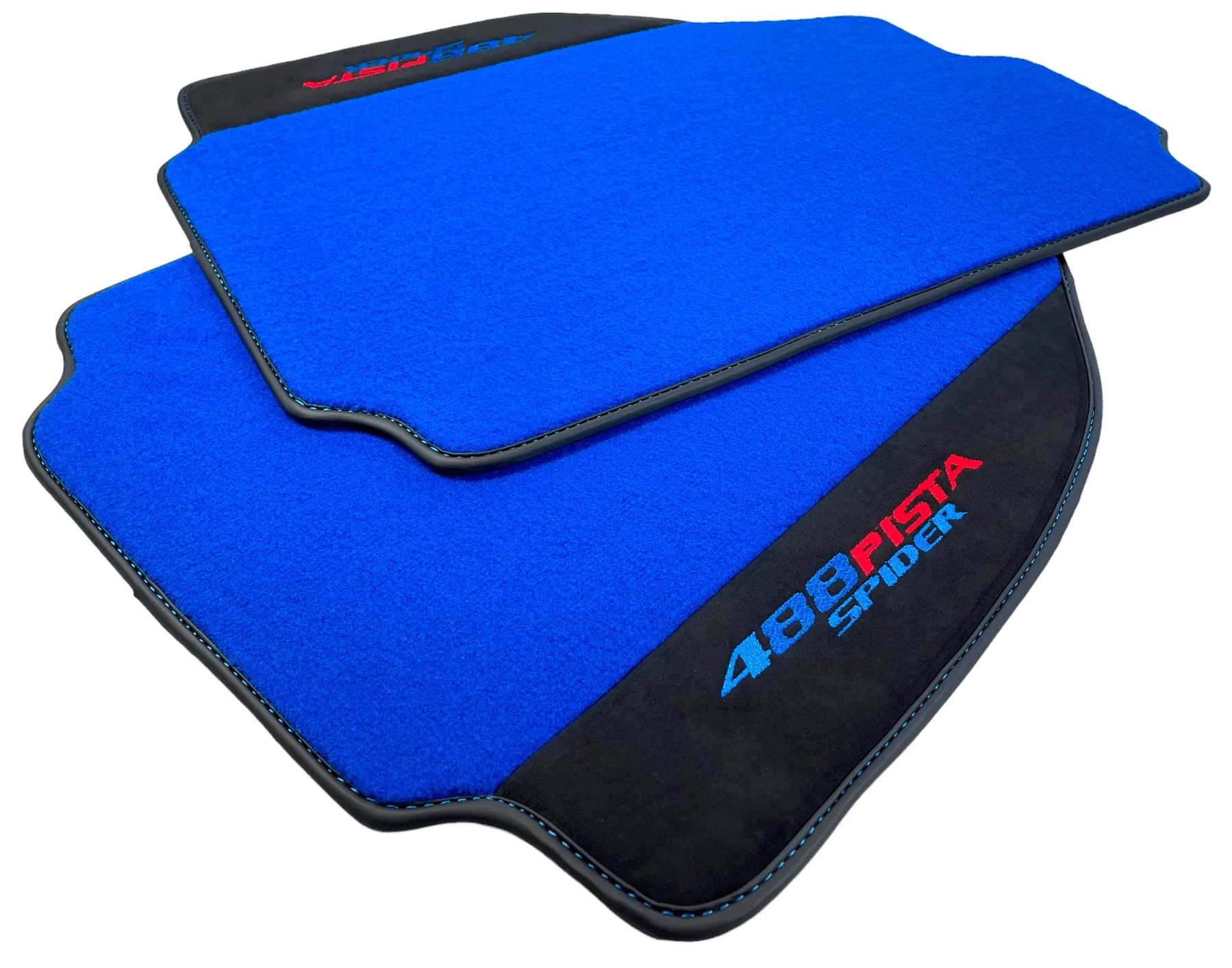 フェラーリ 488 ピスタ スパイダー専用フロアマット、プレミアム品質、正確なフィット感、鮮やかな青色素材。