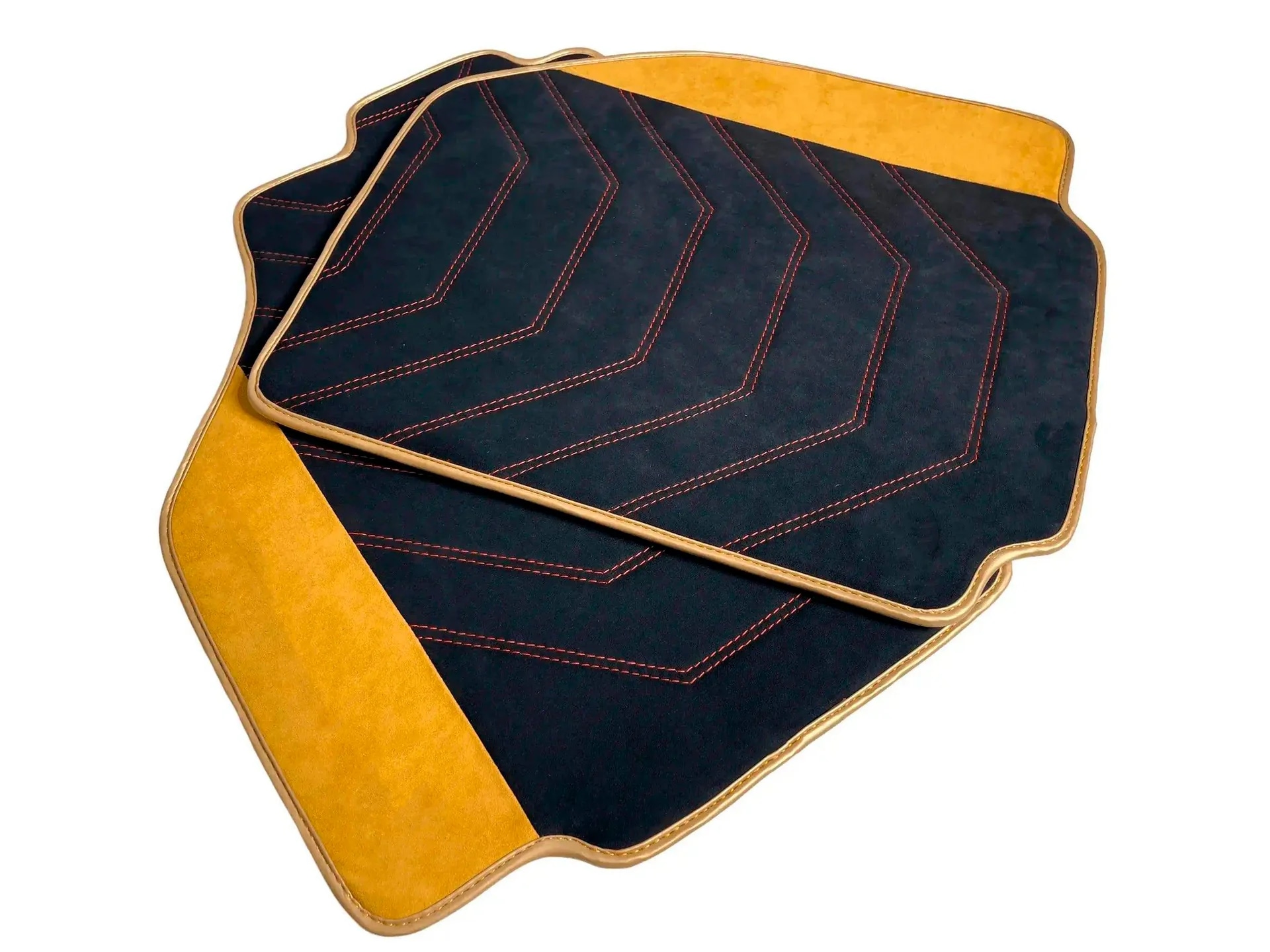 高品質のフィット感を持つFerrari 488用カスタムフロアマット、スタイリッシュな黒と黄色のデザイン。