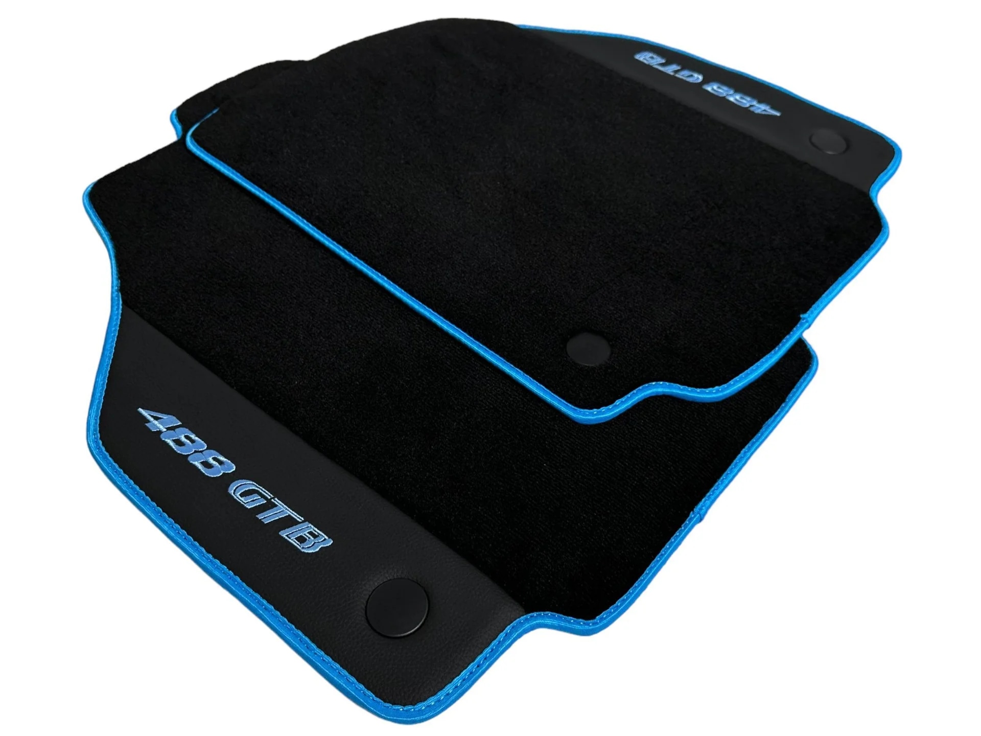 フェラーリ488用フロアマット、カスタムフィット、プレミアム品質、スタイリッシュな青いトリム付き。