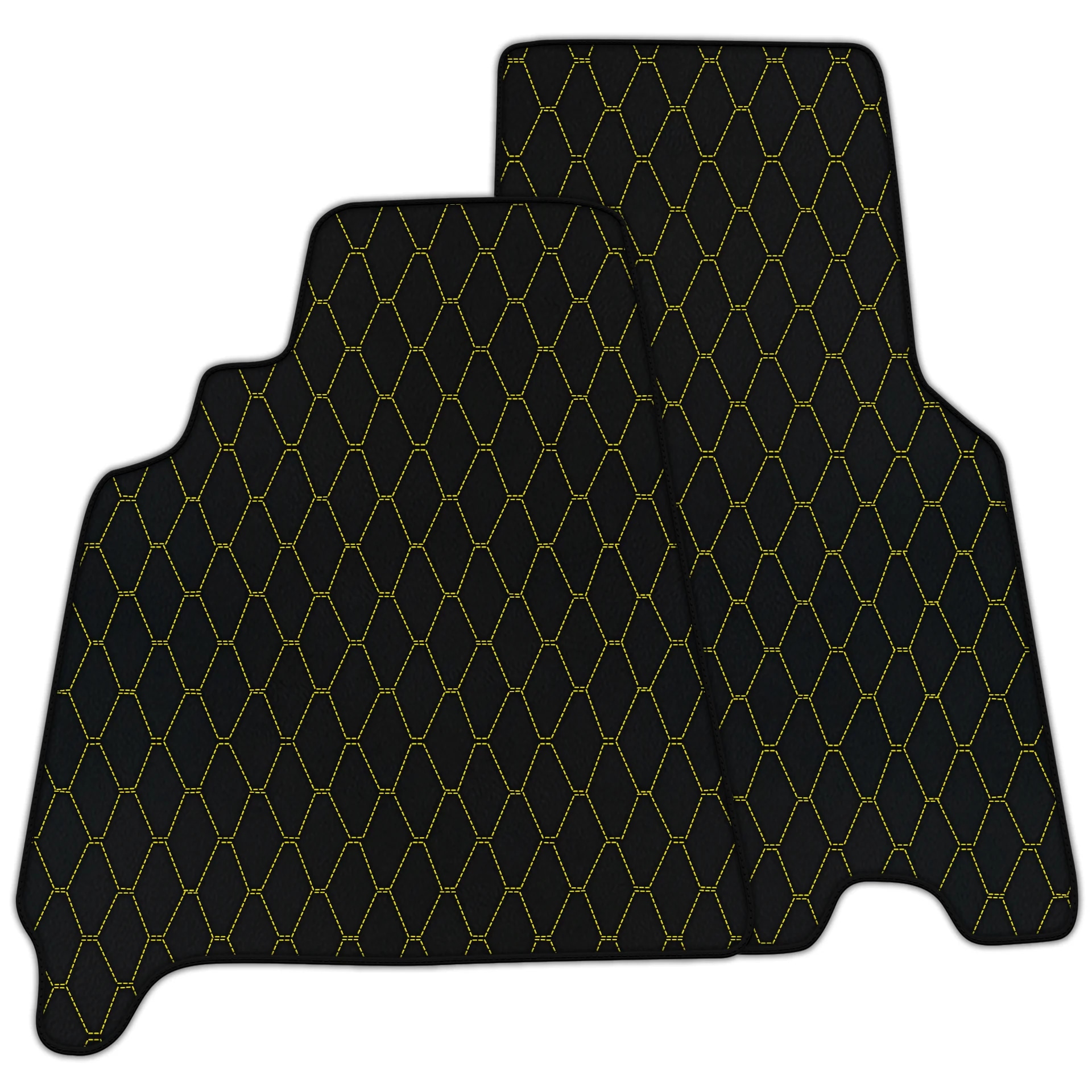 Custom fit Ferrari 550 Maranello floor mats, premium quality with precise fitment and stylish hexagonal yellow stitching.