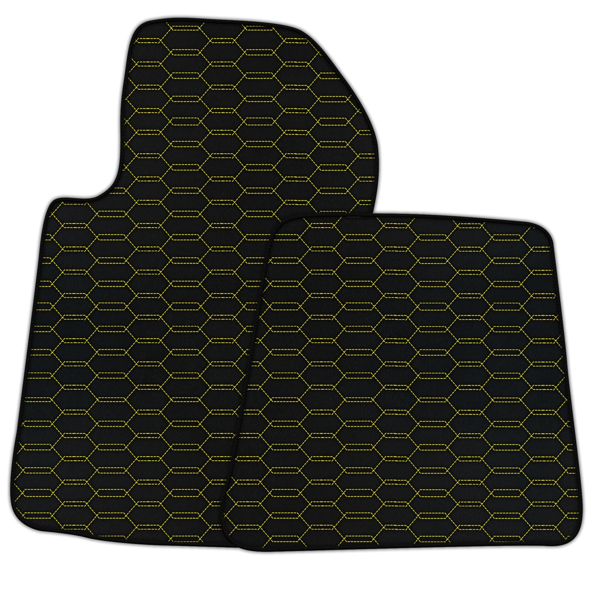 Custom fit Ferrari 612 Scaglietti floor mats, premium quality with precise fitment and stylish yellow hexagon pattern.