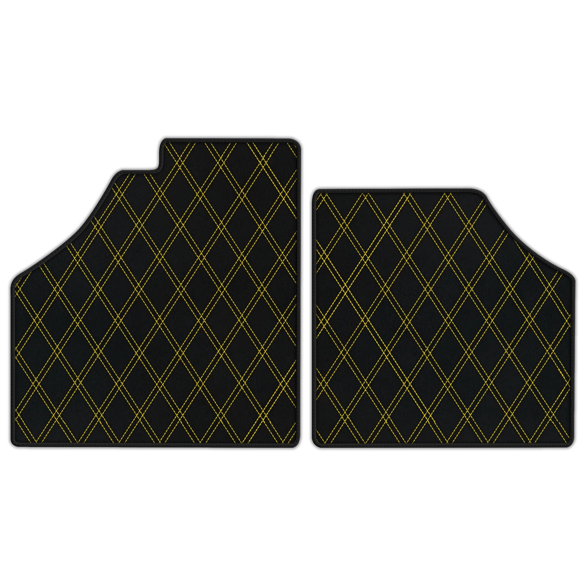 Custom-fit Ferrari Enzo floor mats, premium quality, precise fitment, featuring a stylish black and yellow diamond pattern.