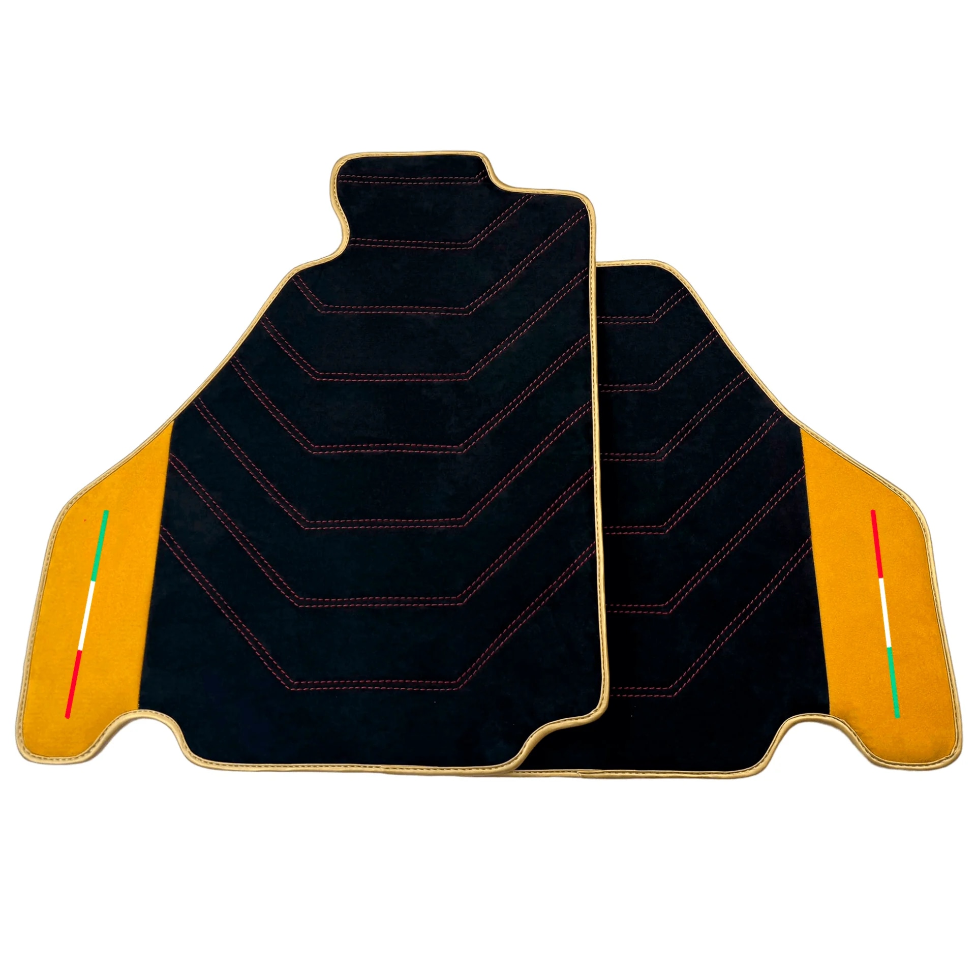 フェラーリ F430 カスタムフィットフロアマット、プレミアム品質、精密なフィット感とスタイリッシュなデザイン、黄色のアクセント付き。