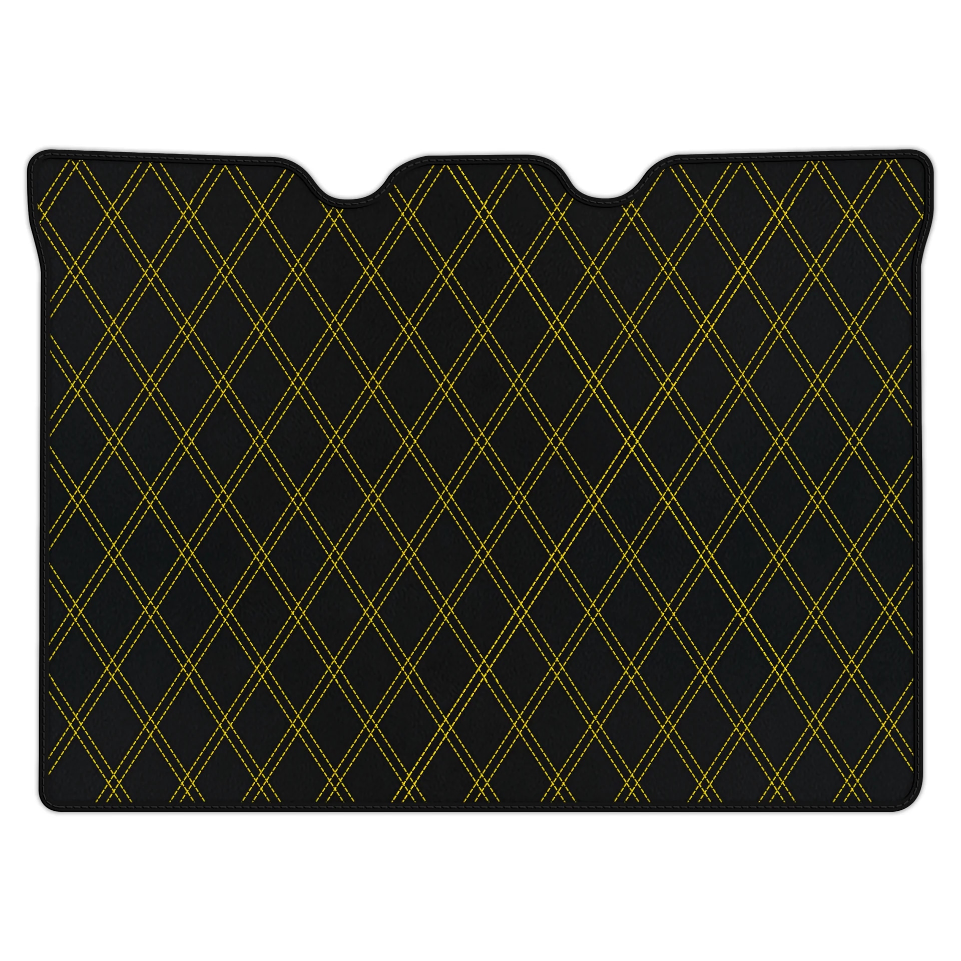 프리미엄 품질의 맞춤형 Ferrari F430 바닥 매트, 정밀한 핏과 세련된 검은색 디자인에 노란색 스티치 특징.