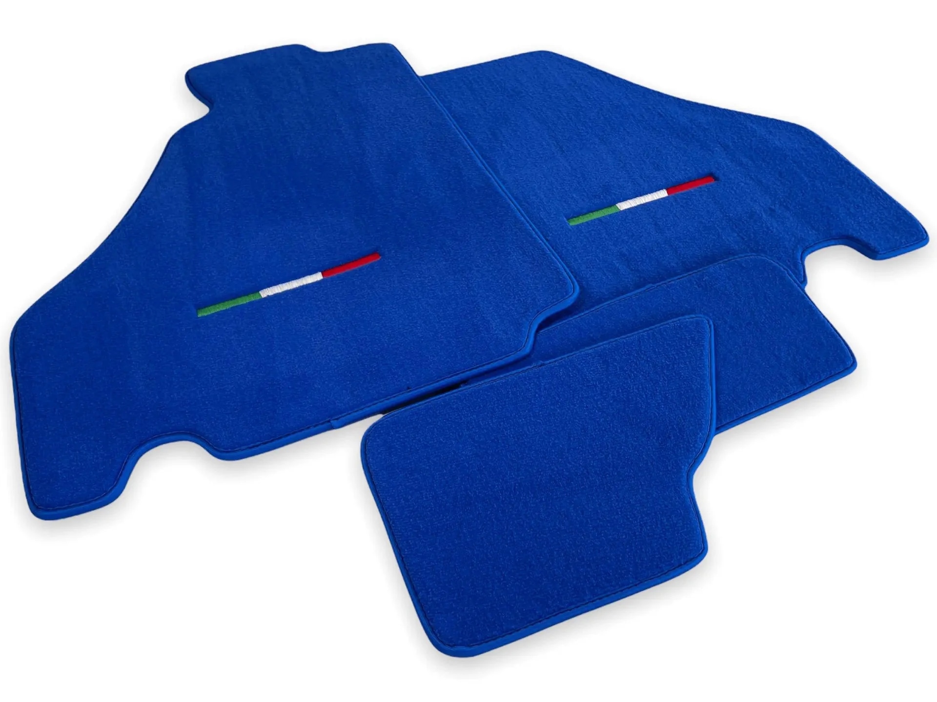 Ferrari F430 custom fit floor mats, premium quality material, precise fitment, vibrant blue with Italian flag detailing.