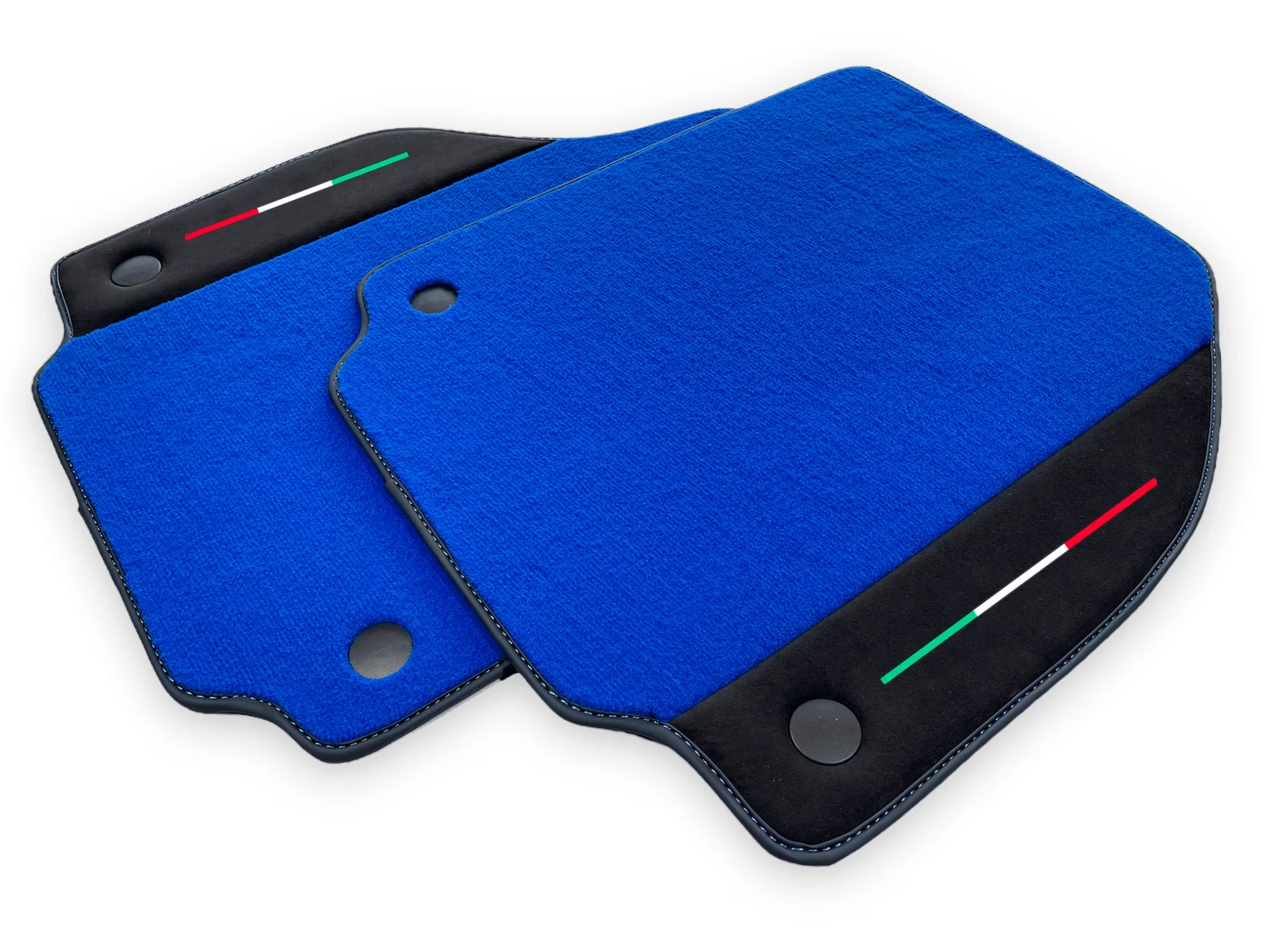 Ferrari F8 Tributo custom fit floor mats, premium quality material, precise fitment, vibrant blue color with Italian flag det