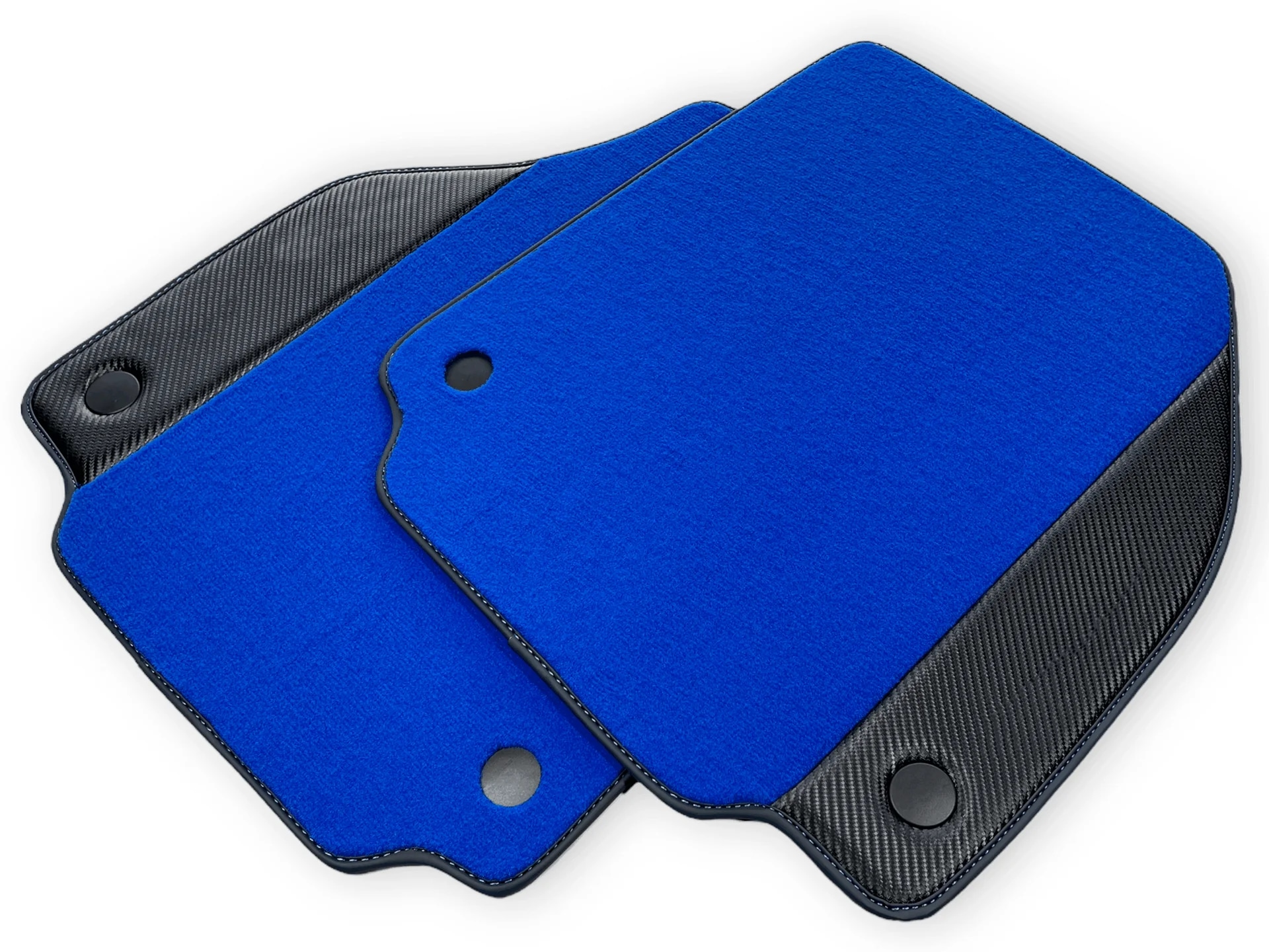 Premium Ferrari F8 Tributo floor mats, custom fit, featuring blue fabric and carbon accents for precise fitment.
