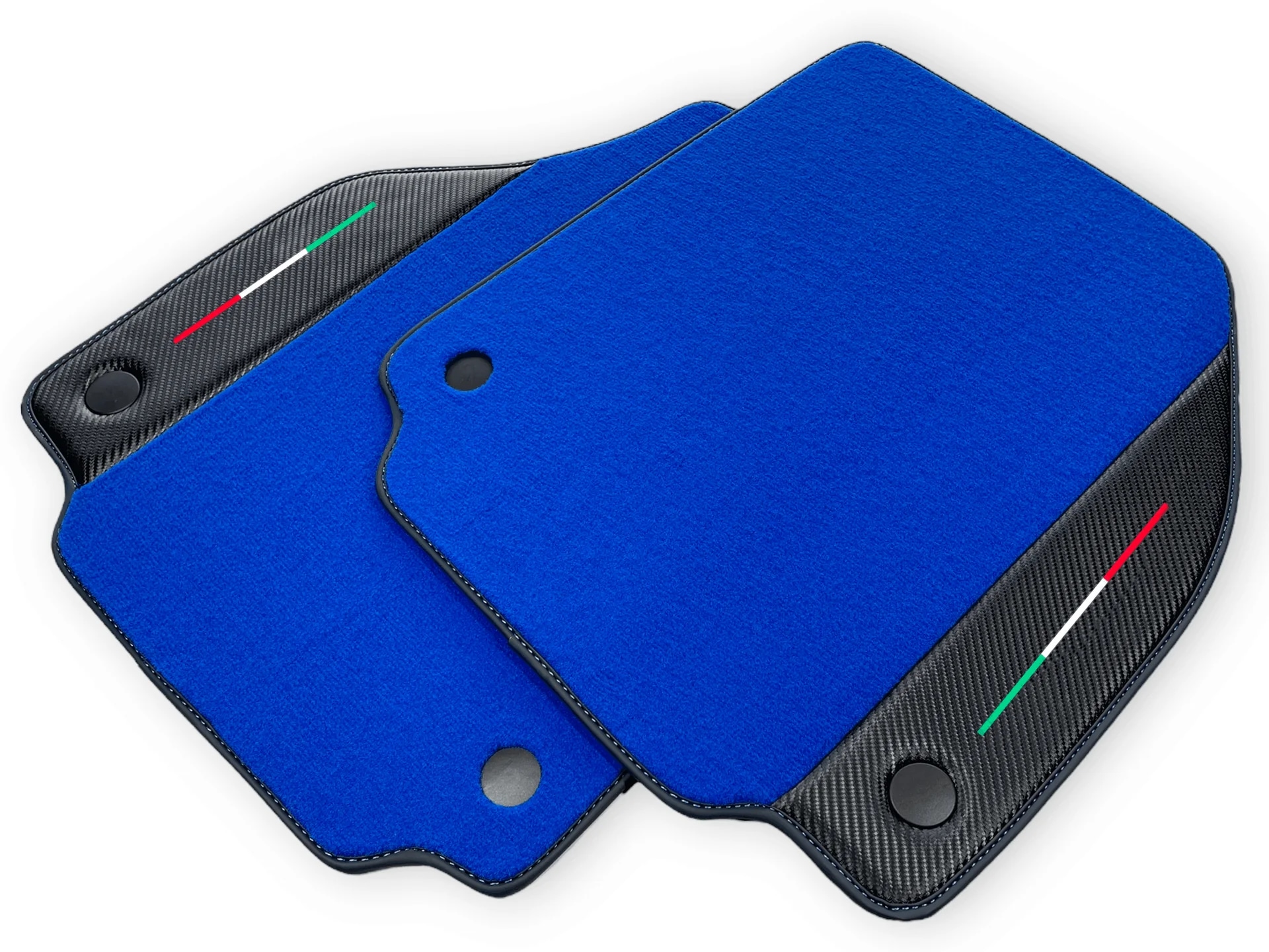 Ferrari F8 Tributo custom fit floor mats, premium quality with precise fitment, featuring a vibrant blue color and carbon acc