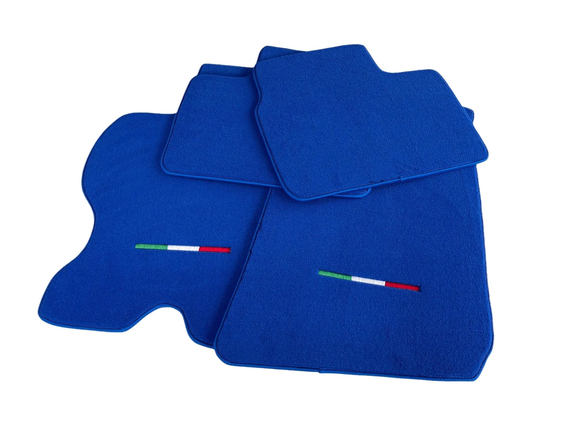 Ferrari FF custom fit floor mats, premium quality material, precise fitment, vibrant blue with Italian flag detail.