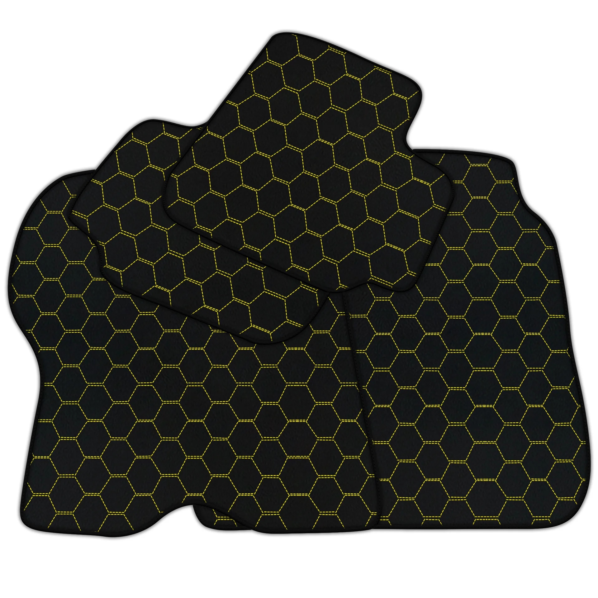 Custom-fit Ferrari GTC4 Lusso floor mats, premium quality material, precise fitment, stylish hexagonal pattern with yellow st